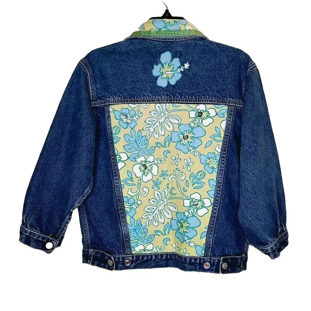 Girls Jean Jacket Spring Flowers Sequins Beads Ribbons Denim Size 7/8 M EUC